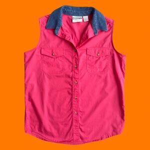 90's vintage pink 100% cotton denim collared sleeveless button up shirt LARGE